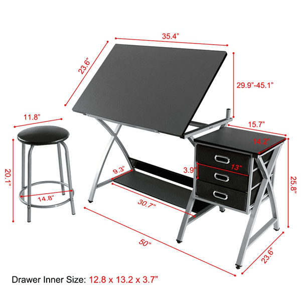 Adjustable Steel Drafting Table Three Storage Drawers Shelf and Stool