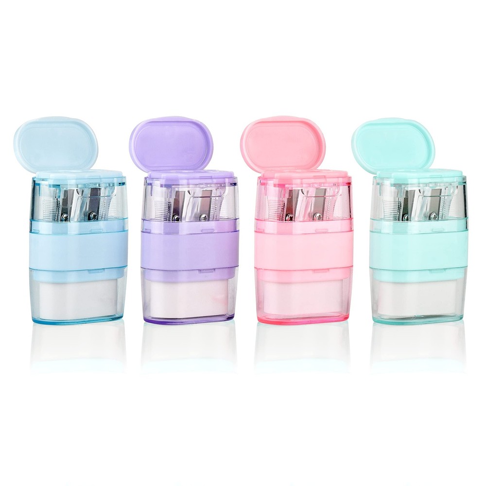 4 PCS Manual Pencil Sharpener with Eraser, Double Hole Multicolored Sharpener...