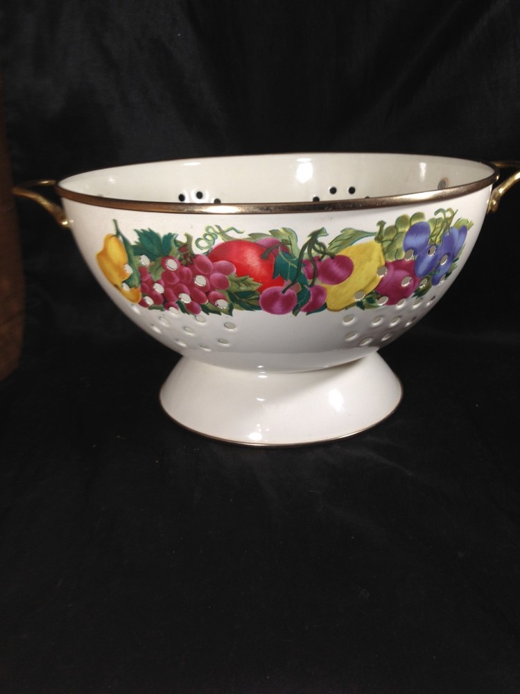 White Enamelware Footed Colander with Fruit Pattern Double Handle 11"
