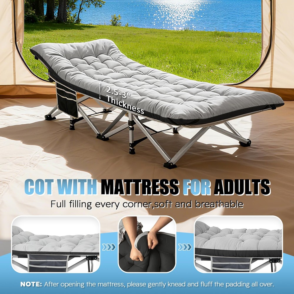 Camping Cots for Adults with 600lbs Load Capacity, Folding Camping Cot with M...