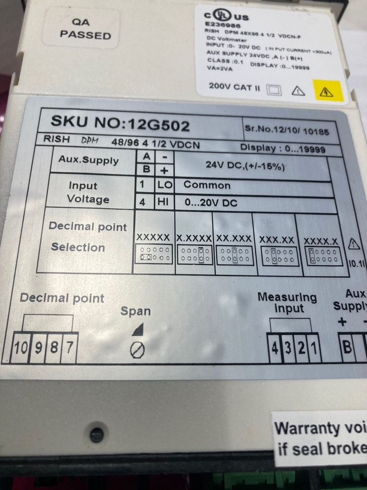 Grainger 12G502, Digital Panel DC Voltmeter, 0-20 VDC Input Range, Red LED