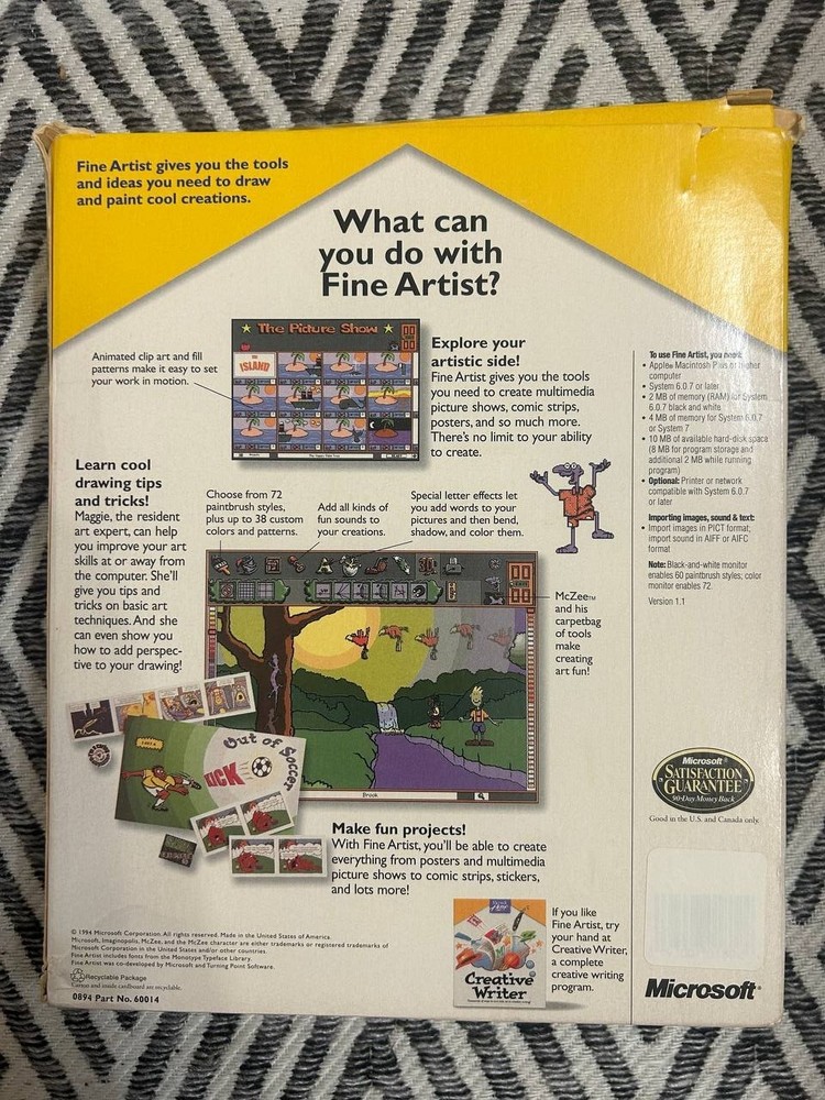 Microsoft Fine Artist Macintosh Software Boxed Promo Sample Missing Disk 1