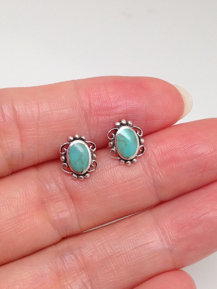 Lace Turquoise Stud Earrings 925 Sterling Silver Oval Post Stud Tiny 9mm(6.5mm)