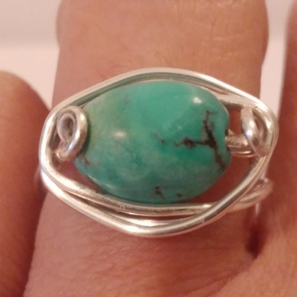 Turquoise Ring Silver Wire Wrapped in Gift Box Size 7 Turquoise Bead Ring