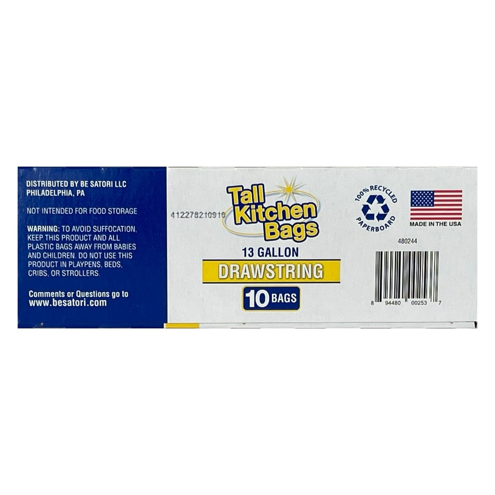 Basic Kitchen Trash Bags, 13 Gallon, 10 Bags (Drawstring)