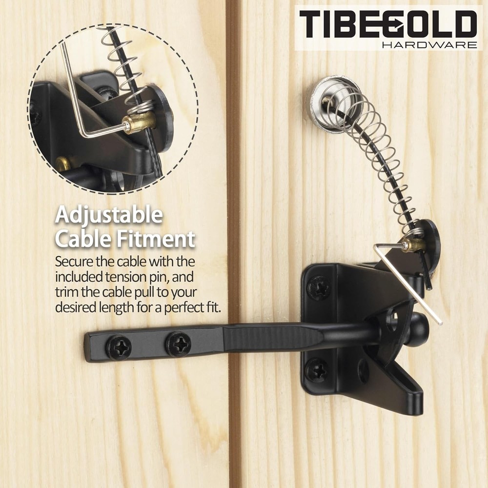 Self Locking Gate Latch with Spring Cable Pull, Black Gravity Lever Door...