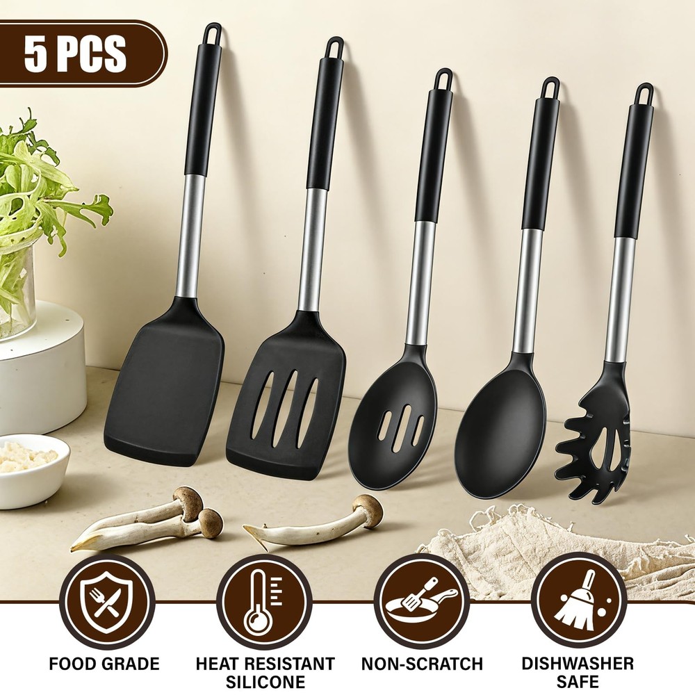 5Pcs Silicone Cooking Utensils Set, Heat Resistant Kitchen Tools Include Soli...