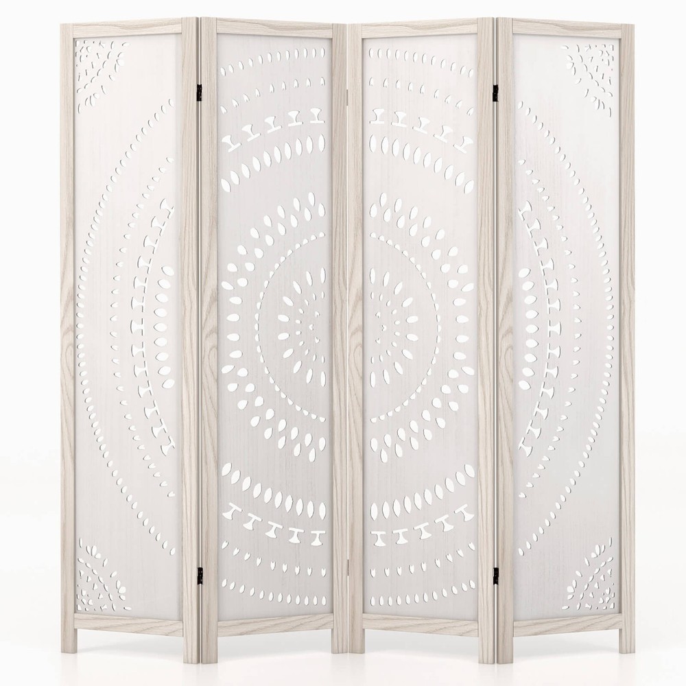 66" Boho 4-Panel Room Divider with Carved Pattern & Solid Wood Frame 360° Hinges