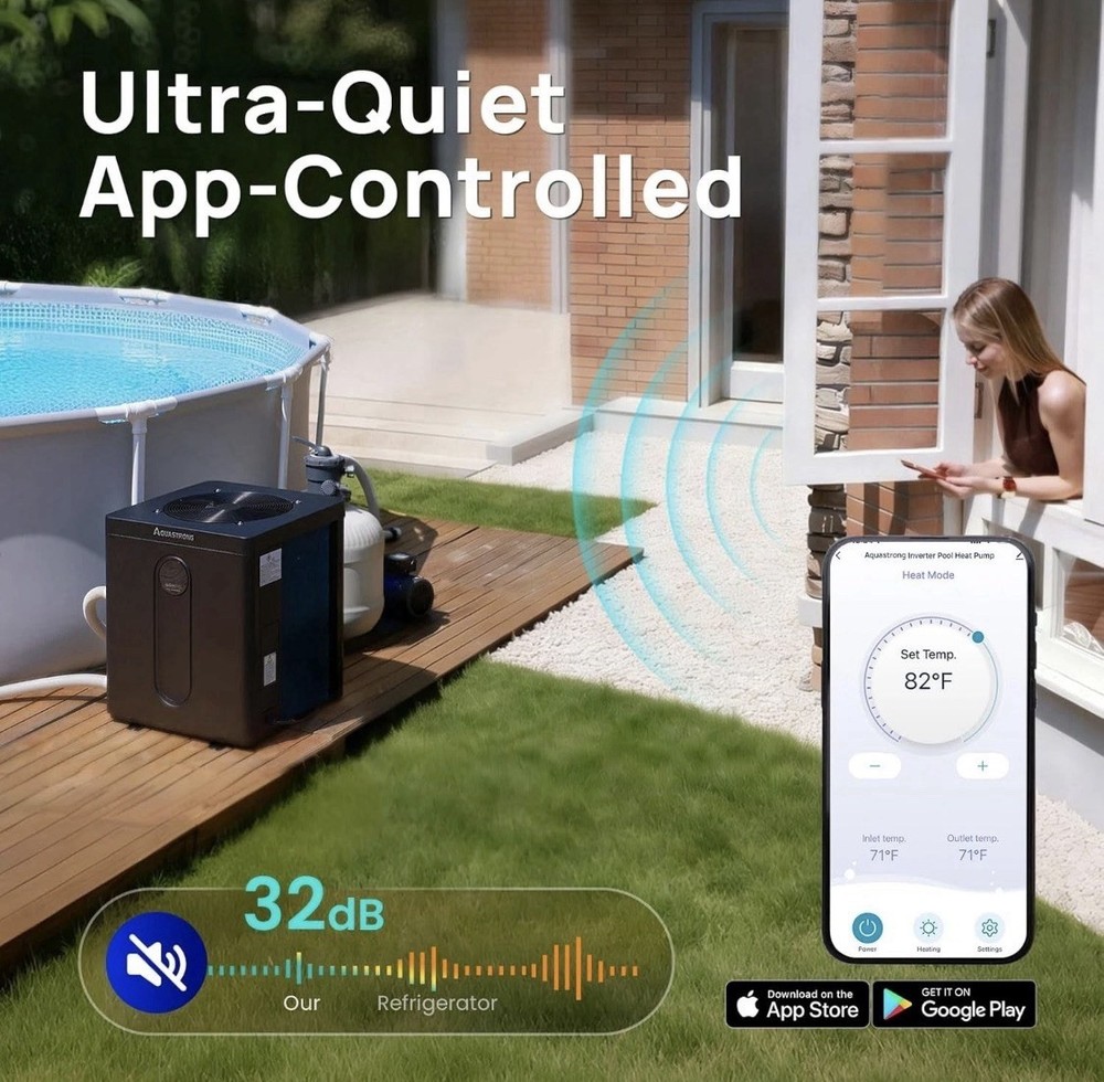 AQUASTRONG 39,000 BTU Top Discharge Inverter Swimming Pool Heat Pump, 9,000 Gal