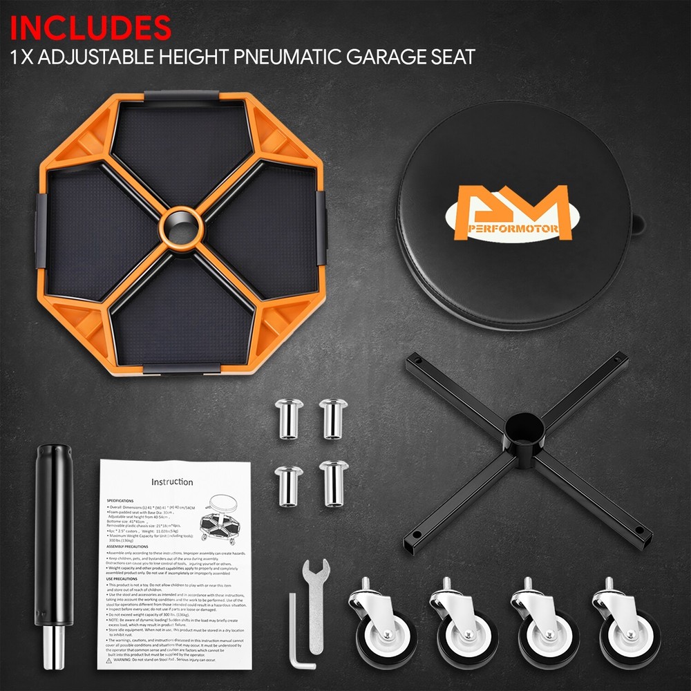 300lbs Adjustable Height Mechanics Rolling Seat Creeper Garage Work Stool Orange