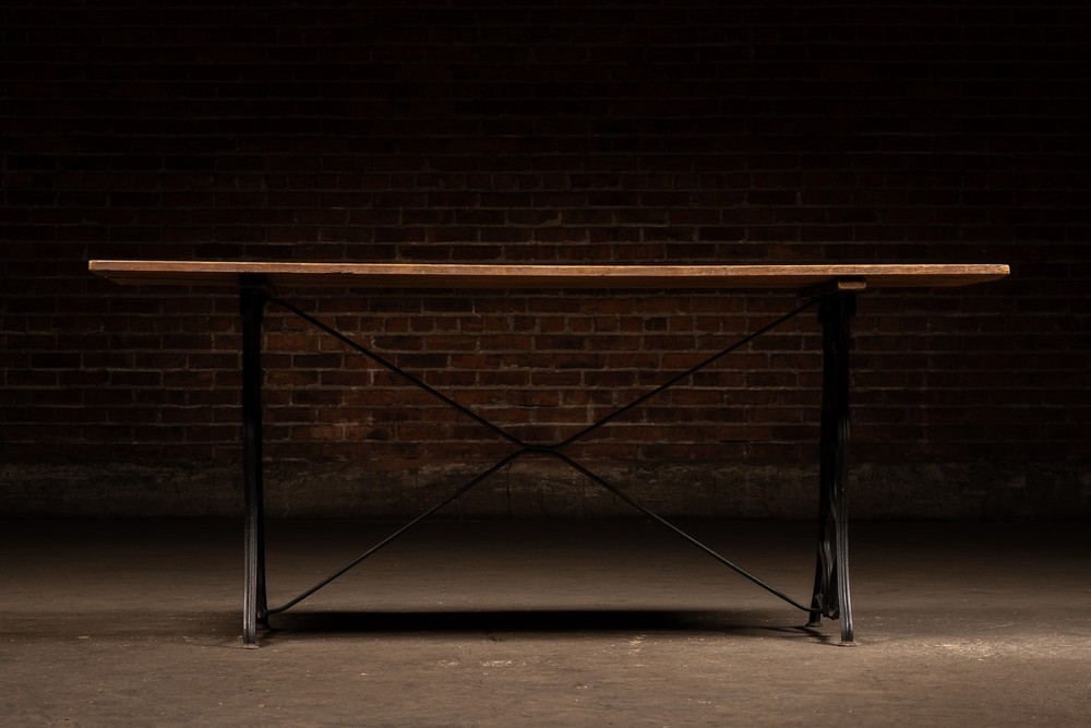 Early Industrial Oak Plank Table with Cast Iron Machine Base