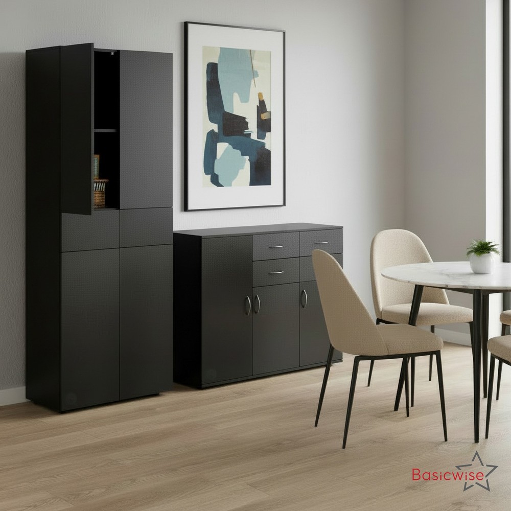Basicwise Set of Buffet Table with Drawers Plus Cabinet with Compartments,Black