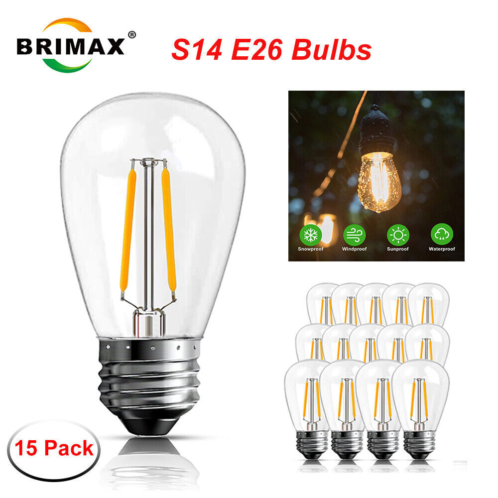 S14 E26 LED Bulbs Outdoor Edison Lights 2W, 15Pack for String Light Replacement