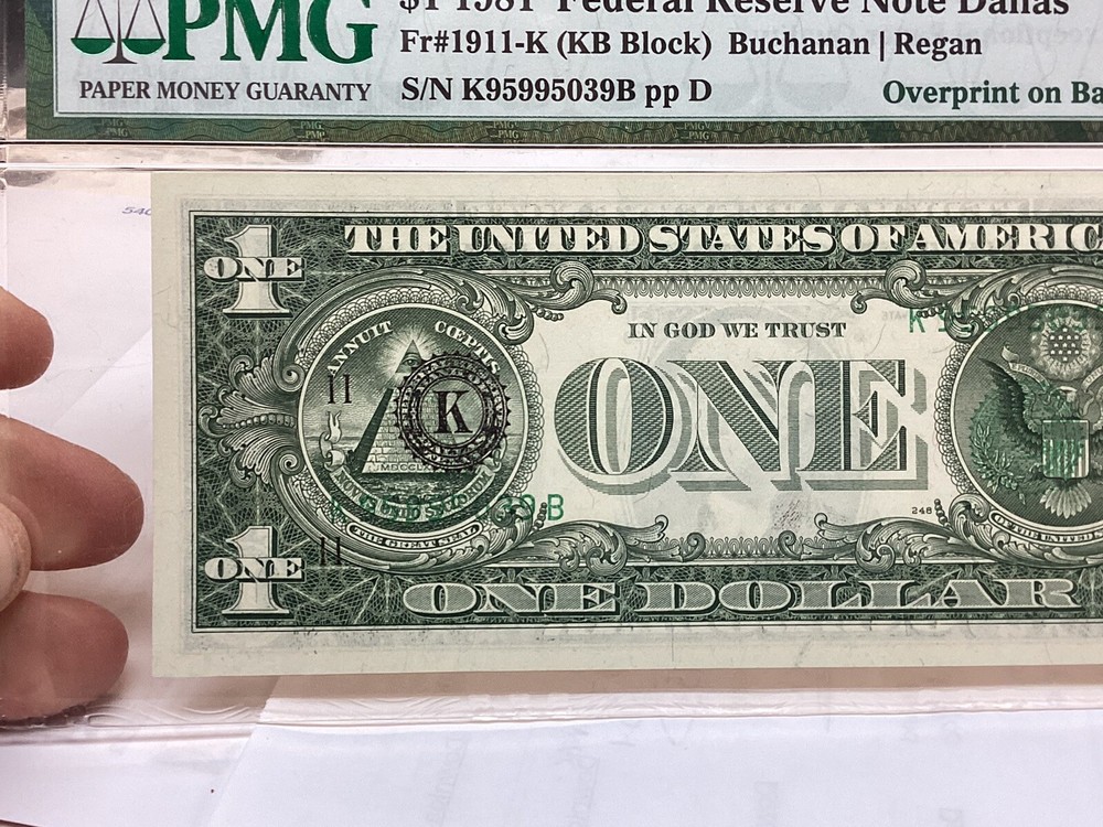 $1 1981 PMG 66 EPQ And 65 EPQ Consecutive Pair Overprint On Back Errors-2 Notes