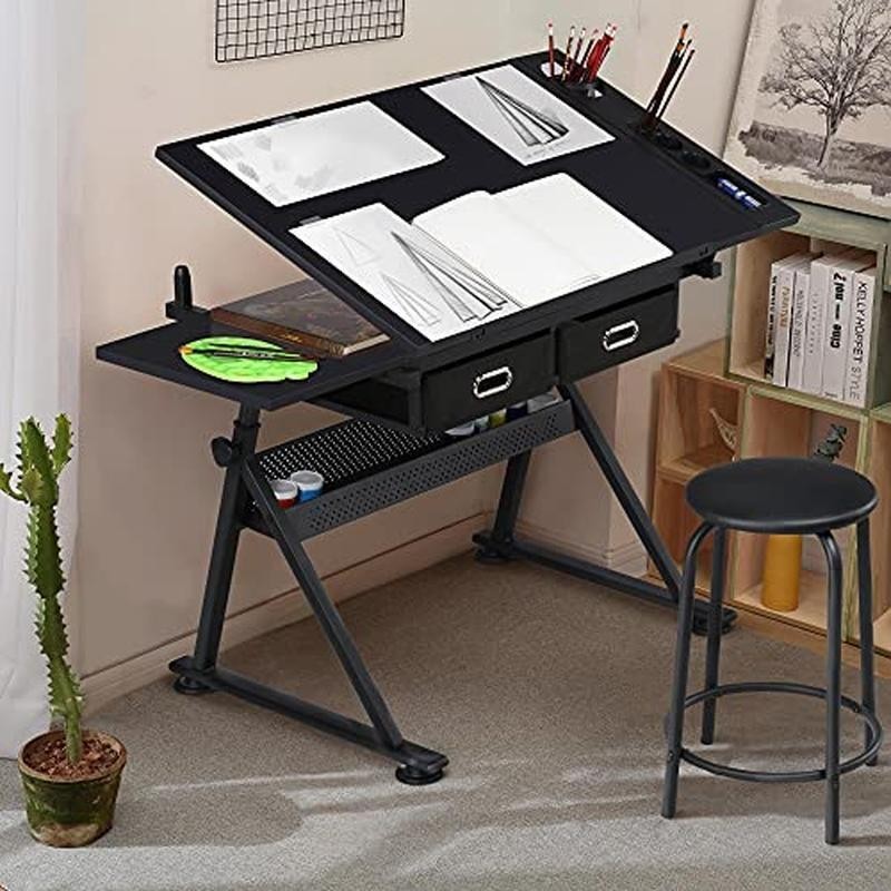 Adjustable Height Drafting Table W/ Stool Storage Drawers Art Craft Desk New