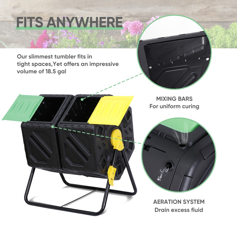 37 Gal Double Compost Bins Rotating Tumbling Composter Remixing Container, Black