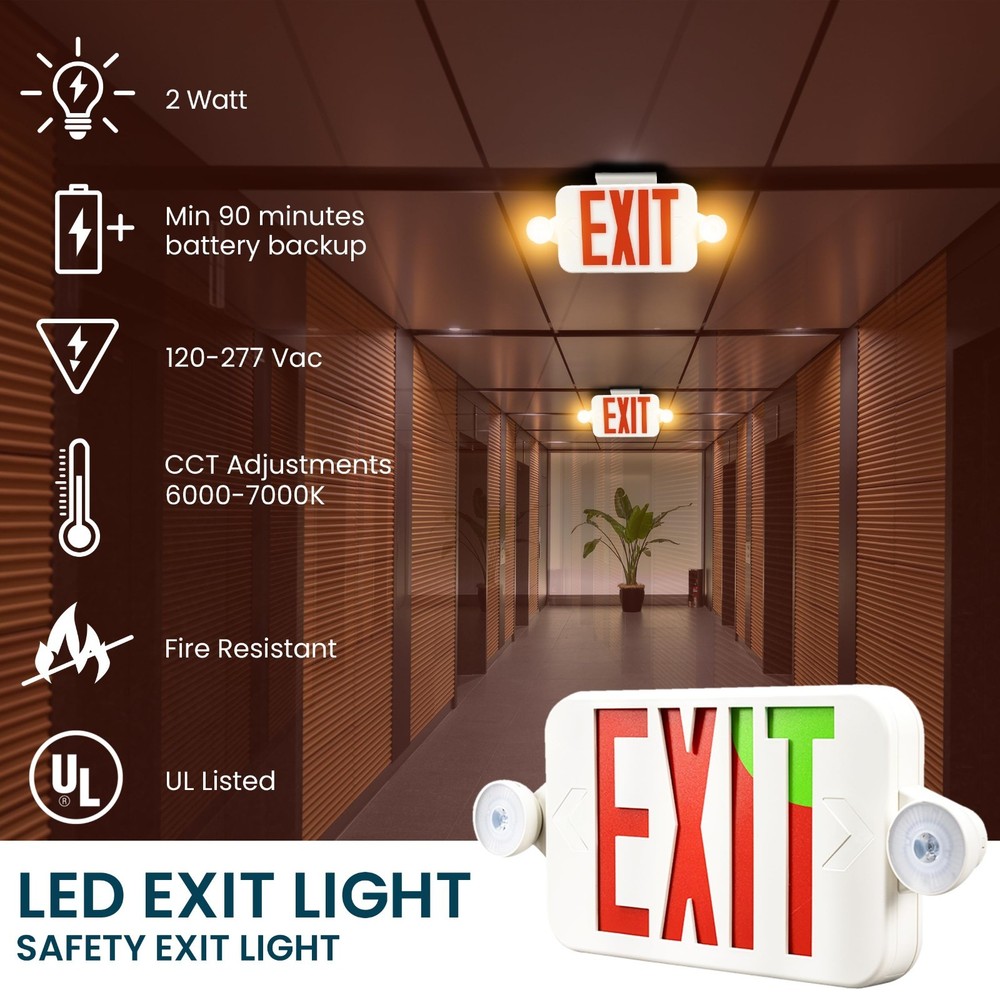 6 Pack LED Exit Sign Combo Red/Green Switchable UL Backup Emergency Lights 120V