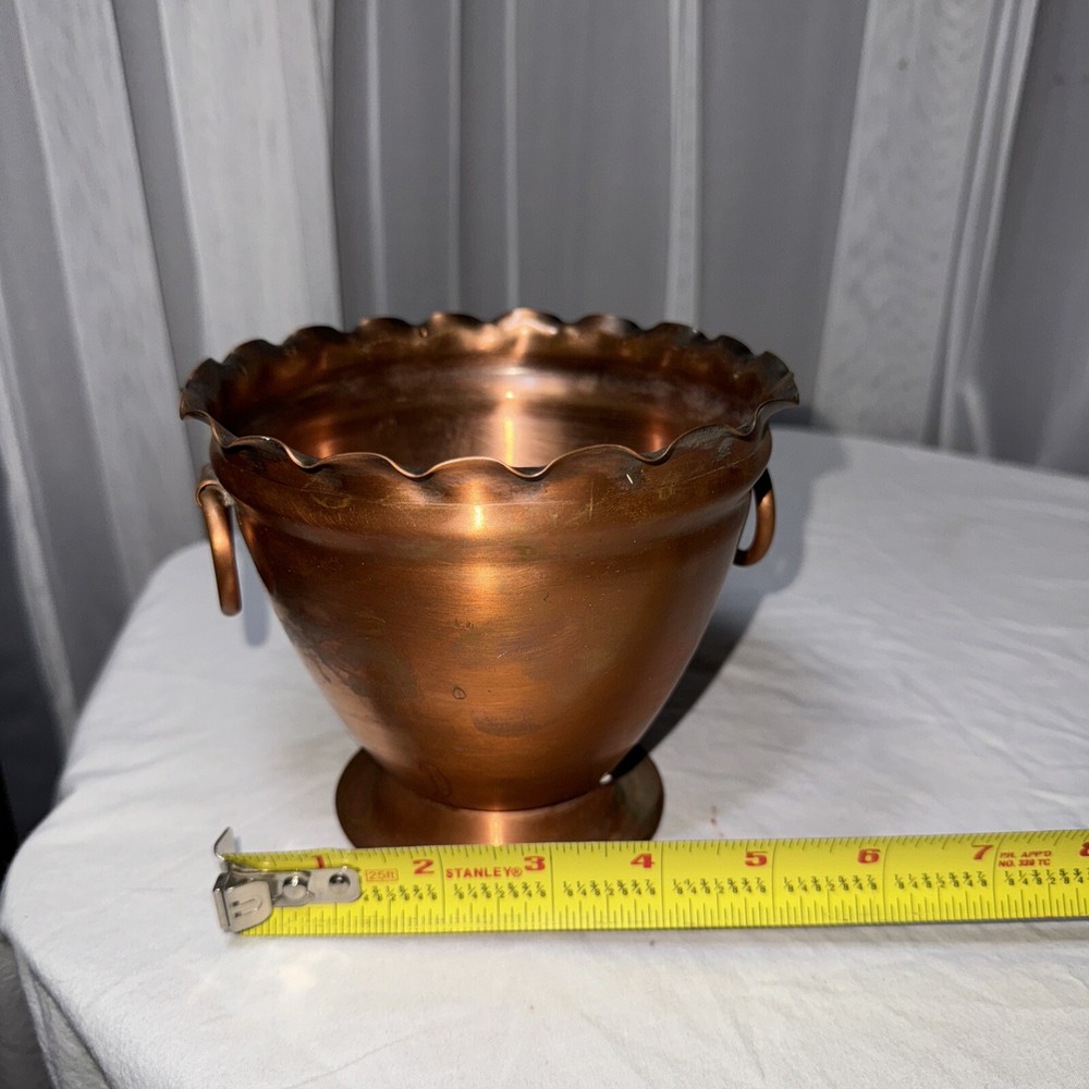 Solid Copper Pot Planter Vase Double Handle Scalloped Made In USA Hand Hammered