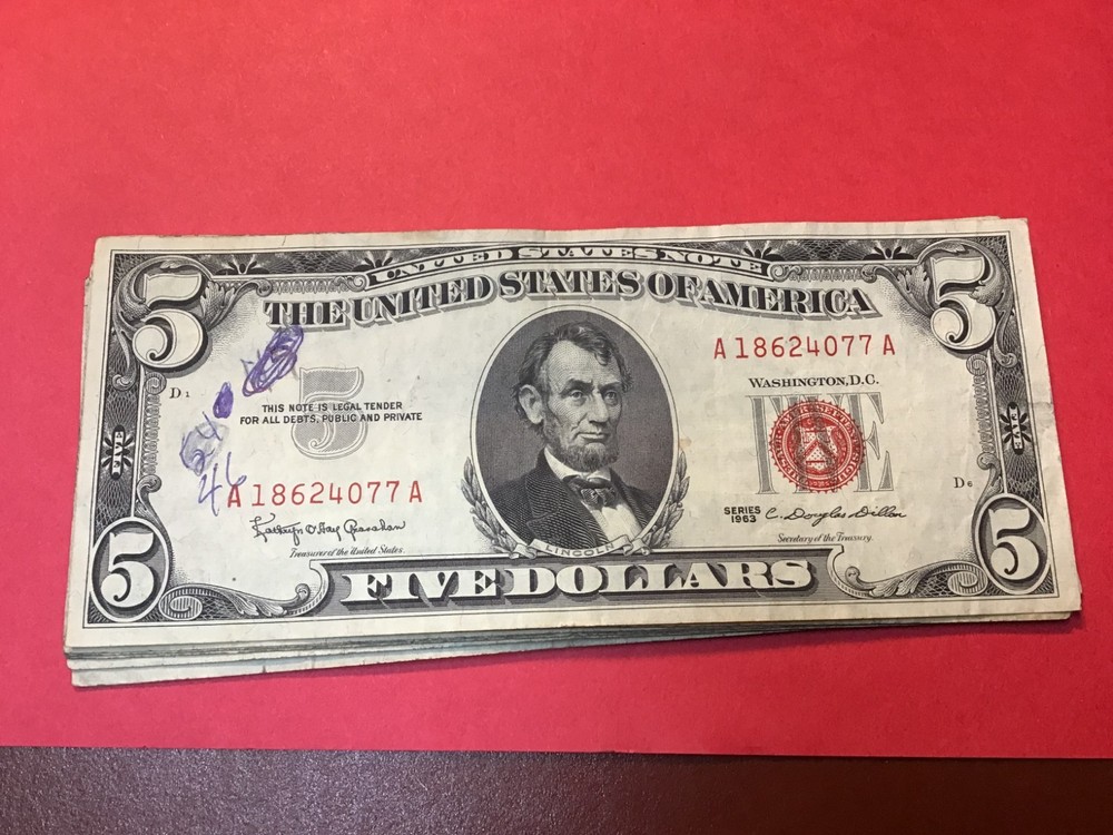 1963 Five Dollar Red Seal $5 Red Seal Note US, 1 Note