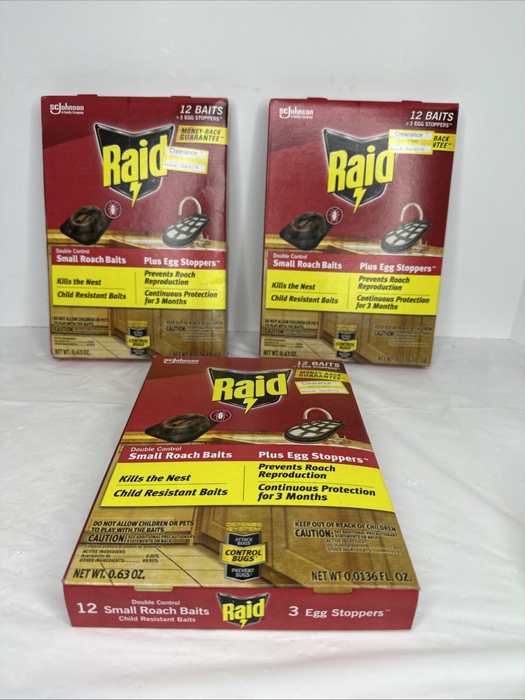 3 pk  RAID Small Roach Bait Double Control - 36 Baits PLUS 9 Egg Stoppers