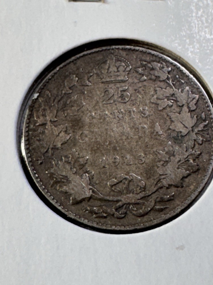 1913 Canada 25 Cents Silver Coin Cleaned