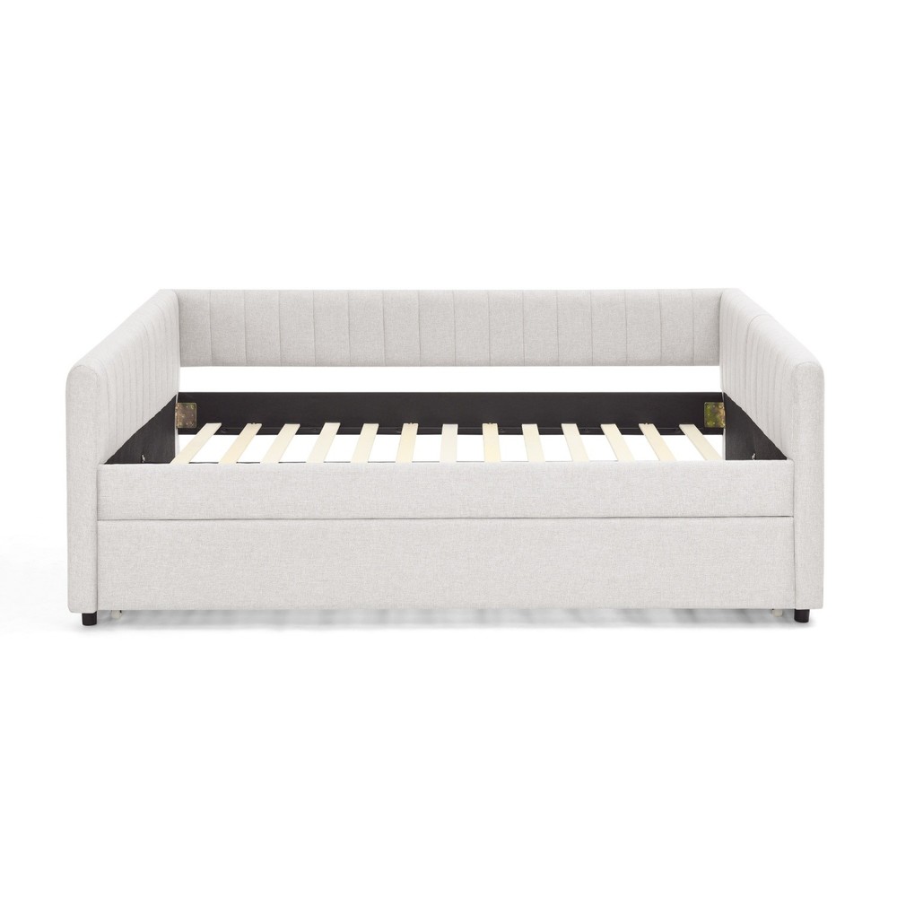 Full Daybed Modern Linen Upholstered Bed Frame Sofa Bed w/ Pull-Out Trundle