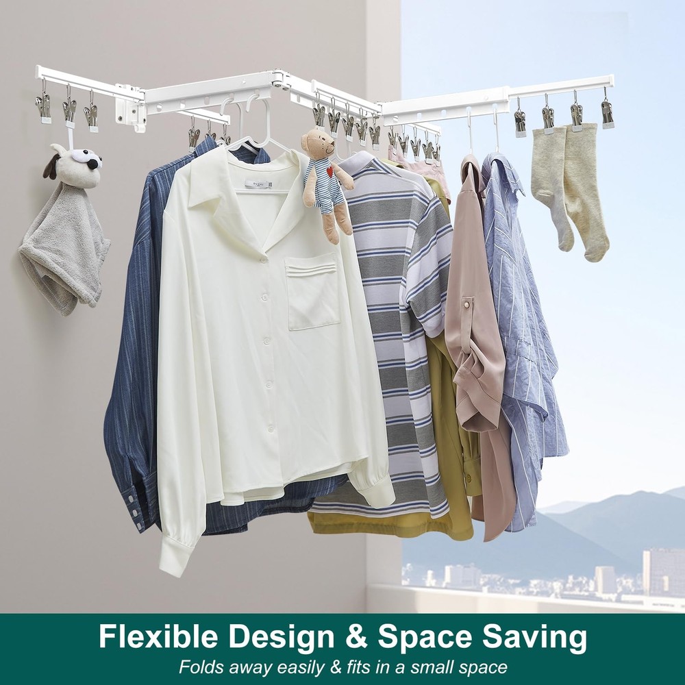 White 51" Clothes Drying Rack Retractable Foldable Wall Mounted, Tri-Fold Spa...