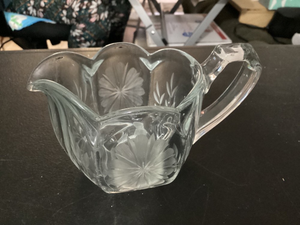 Clear Glass Cream Pitcher w/etched Design