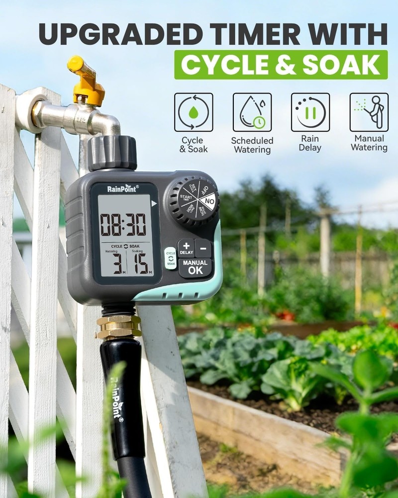 Programmable Garden Hose Sprinkler Timer with Cycle & Soak, Rain Delay