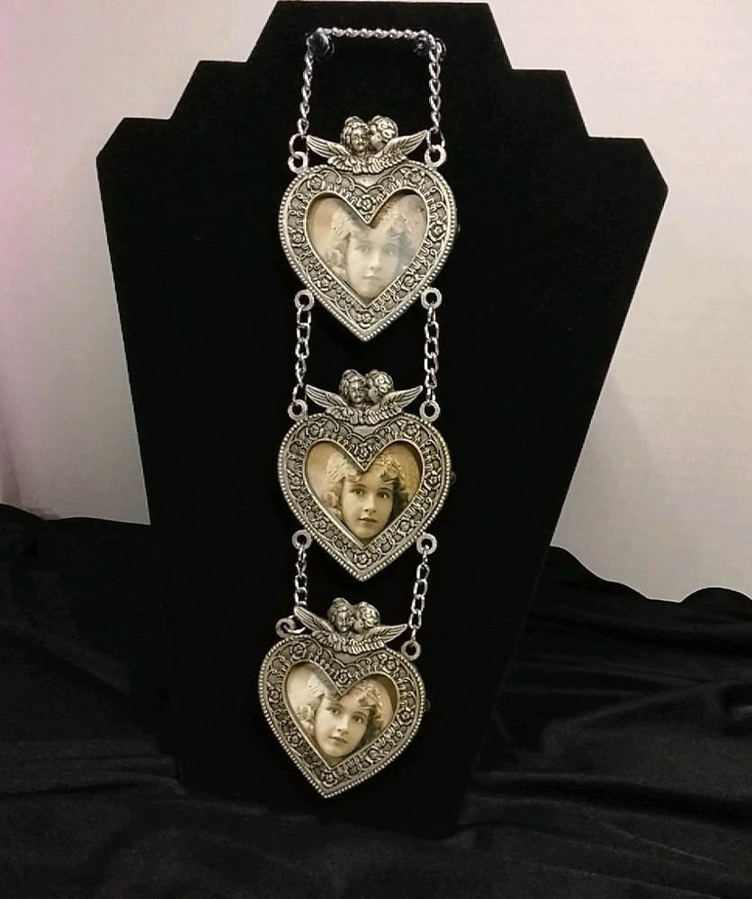 Three Silver/Pewter Frames Connected by Chains. Length 10" Each Frame 3"