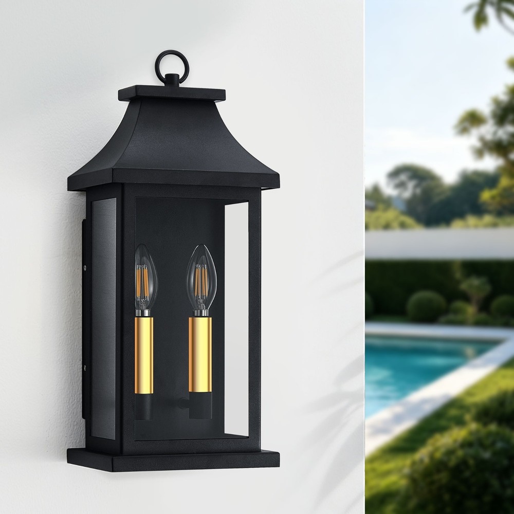 1-Pack 17.5 in. 2-Light Black Outdoor Wall Lanterns