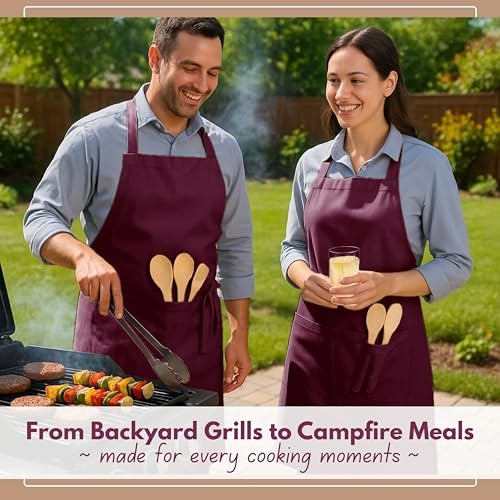 Kitchen Apron 2 Pack - 100% Cotton Adjustable, Durable Apron Burgundy Wine