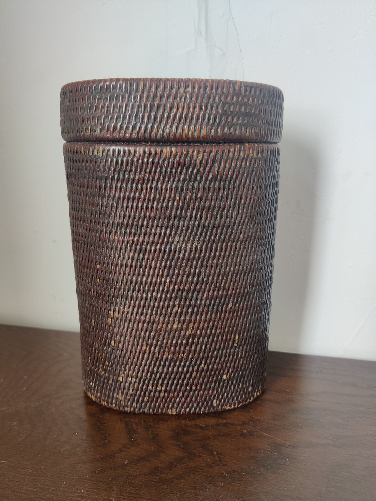 Superb Antique Japanese Wicker Ware Container Lidded Storage Box