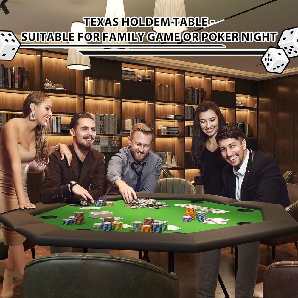 8 Player Poker Table Foldable, Octagonal Texas Hold'em Table with Cup Holders