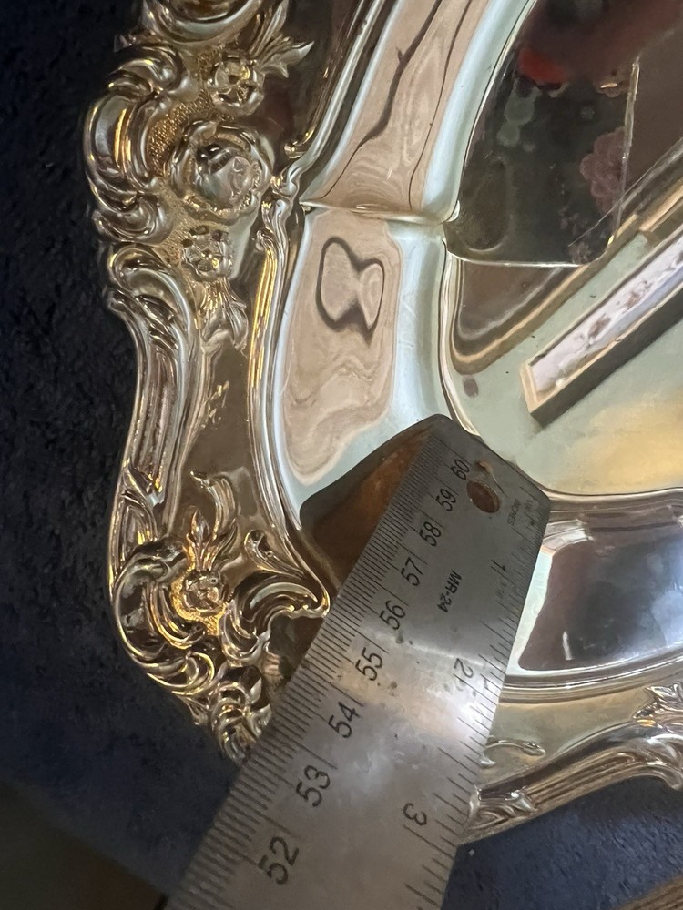 VINTAGE TOWLE SILVER OVAL SERVING TRAY ROSEBUD & SCROLLWORK