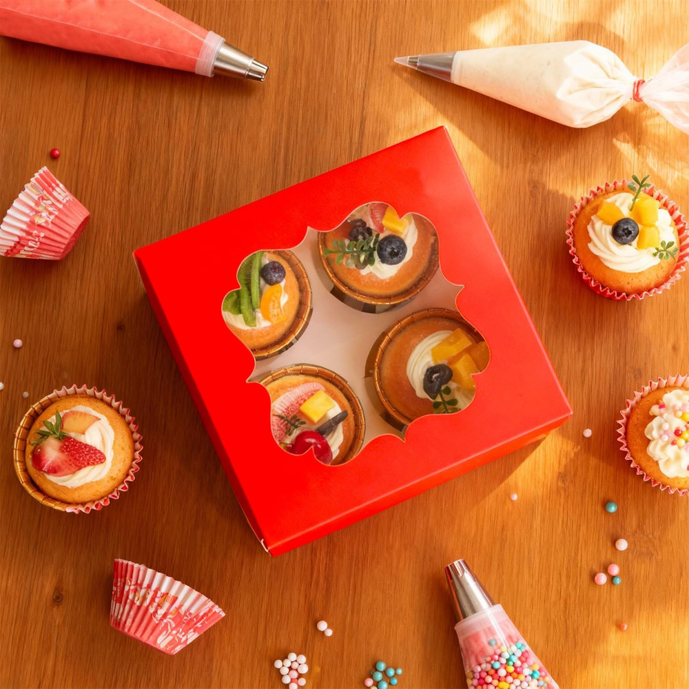 Cupcake Boxes with Window 6.5X6.5X3 Inch - 20 Pack Bakery Boxes with 4-Compartme