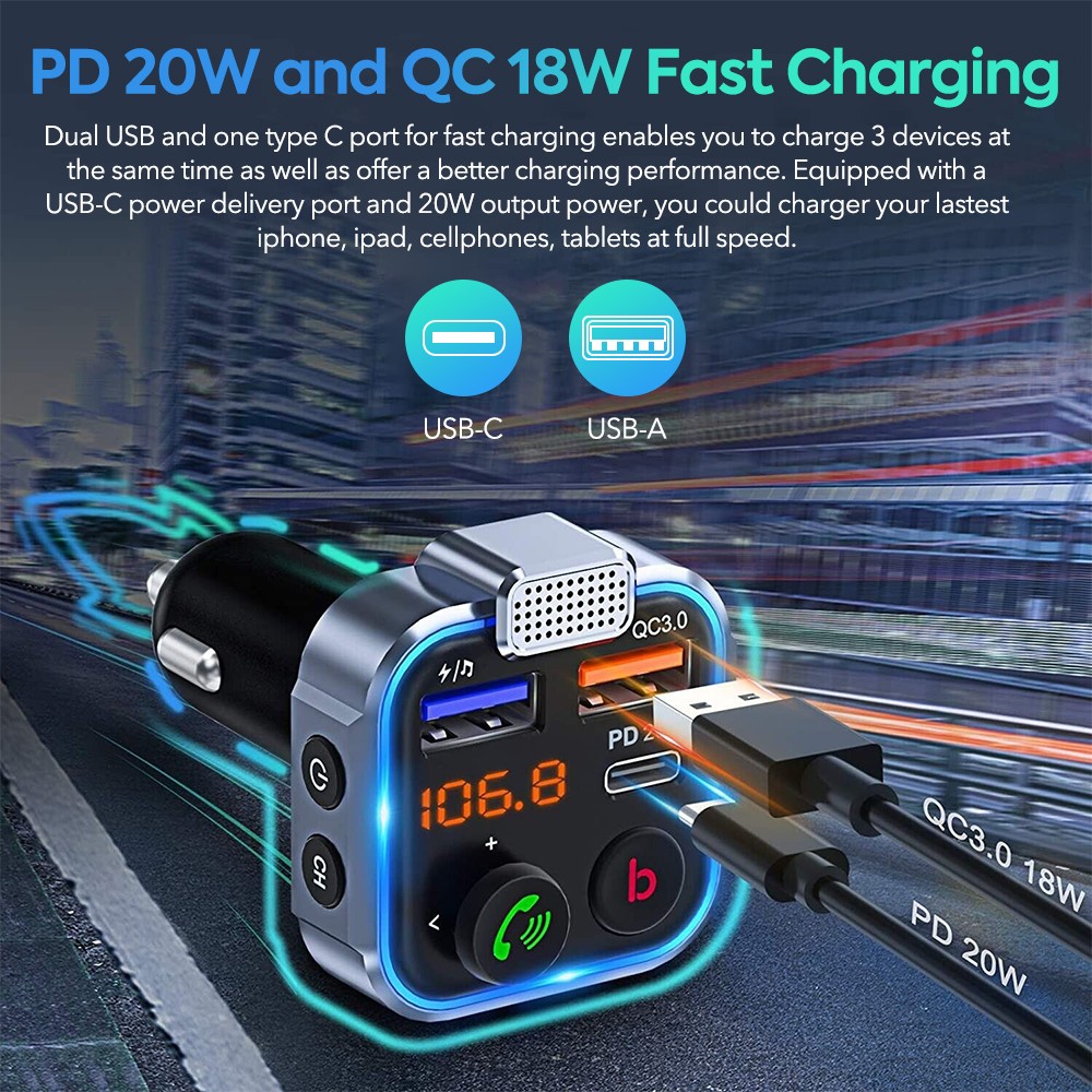 Bluetooth 5.0 Car Wireless FM Transmitter Adapter 2USB PD Charger AUX Hands-Free