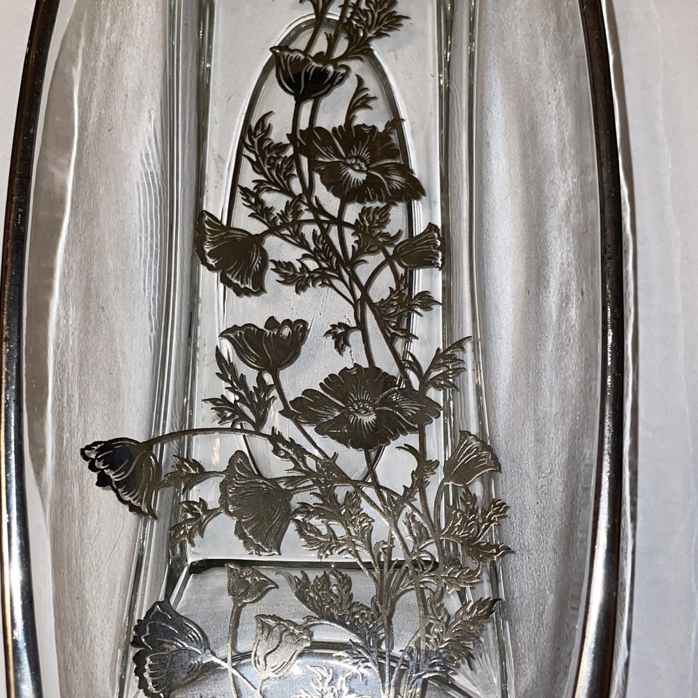 Vintage Flanders Silver Floral Overlay Rectangular 9” Condiment Dish *FLAWED*