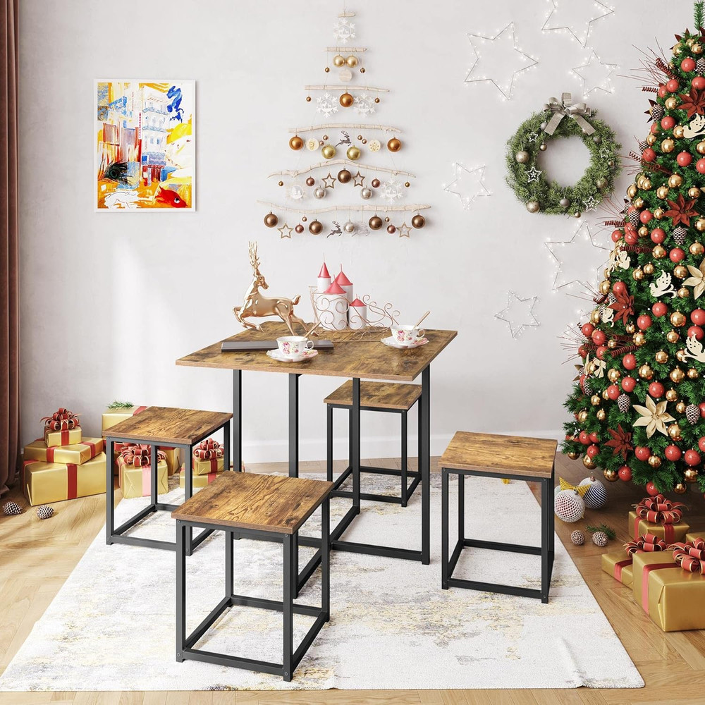 Industrial Dining Table Set for 4 Compact Kitchen Table and 4 Stools Space Savin