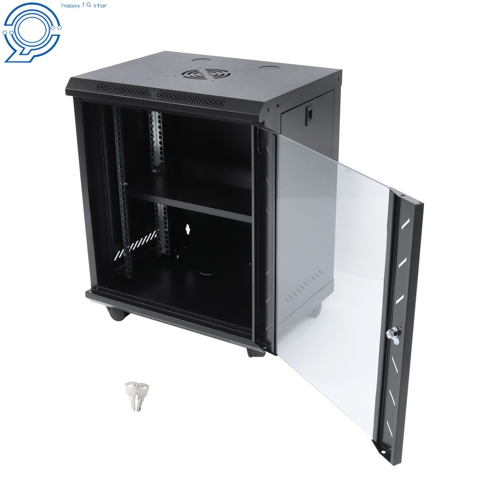 12U Enclosed Server Rack 15.5" Deep, Secure Lock Glass Front & Sides
