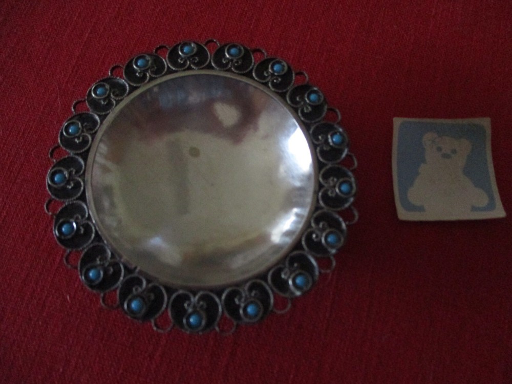 800 Silver Trinket Bowl, 17 Turquoise Stone Settings