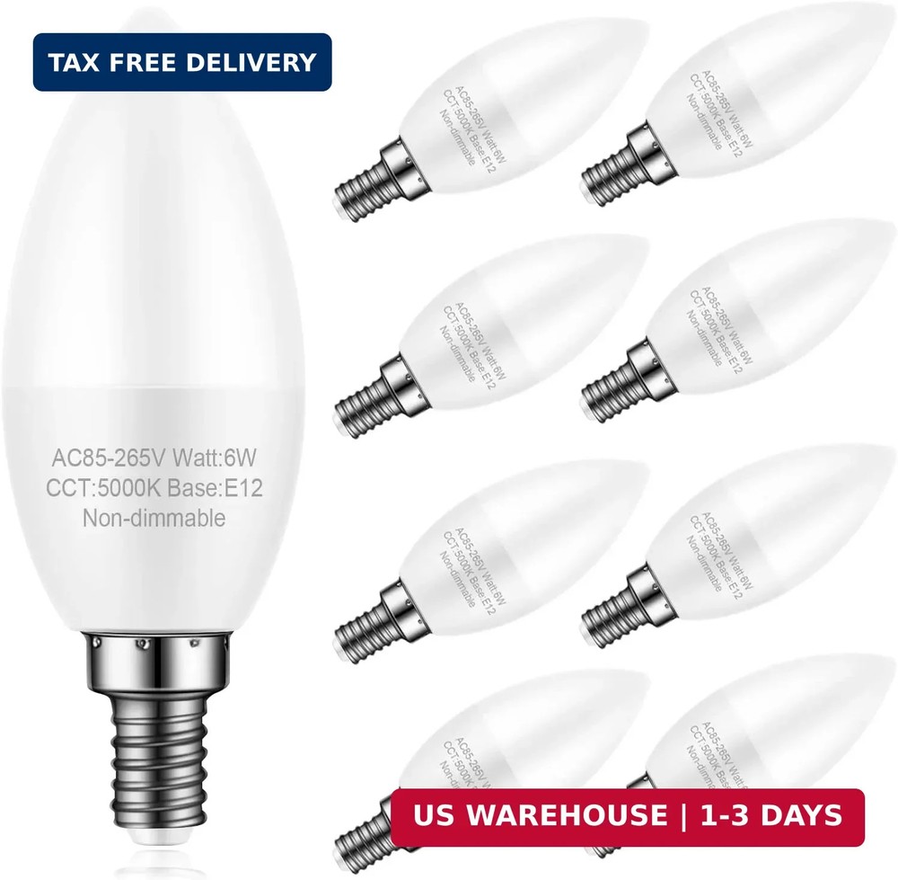 8 Pack E12 Ceiling Fan Light Bulbs, 60W Equivalent, Daylight White 5000K, Small