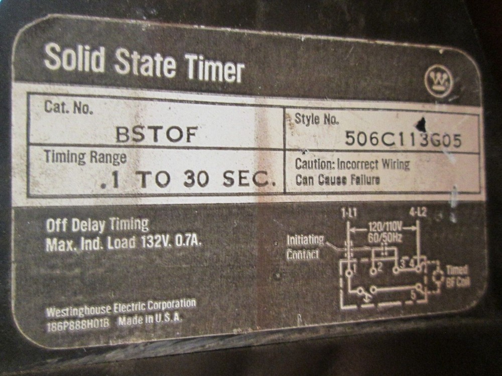 Westinghouse Solid State Timer, BSTOF, Range 1-30 Secs, 120V Coil, Used