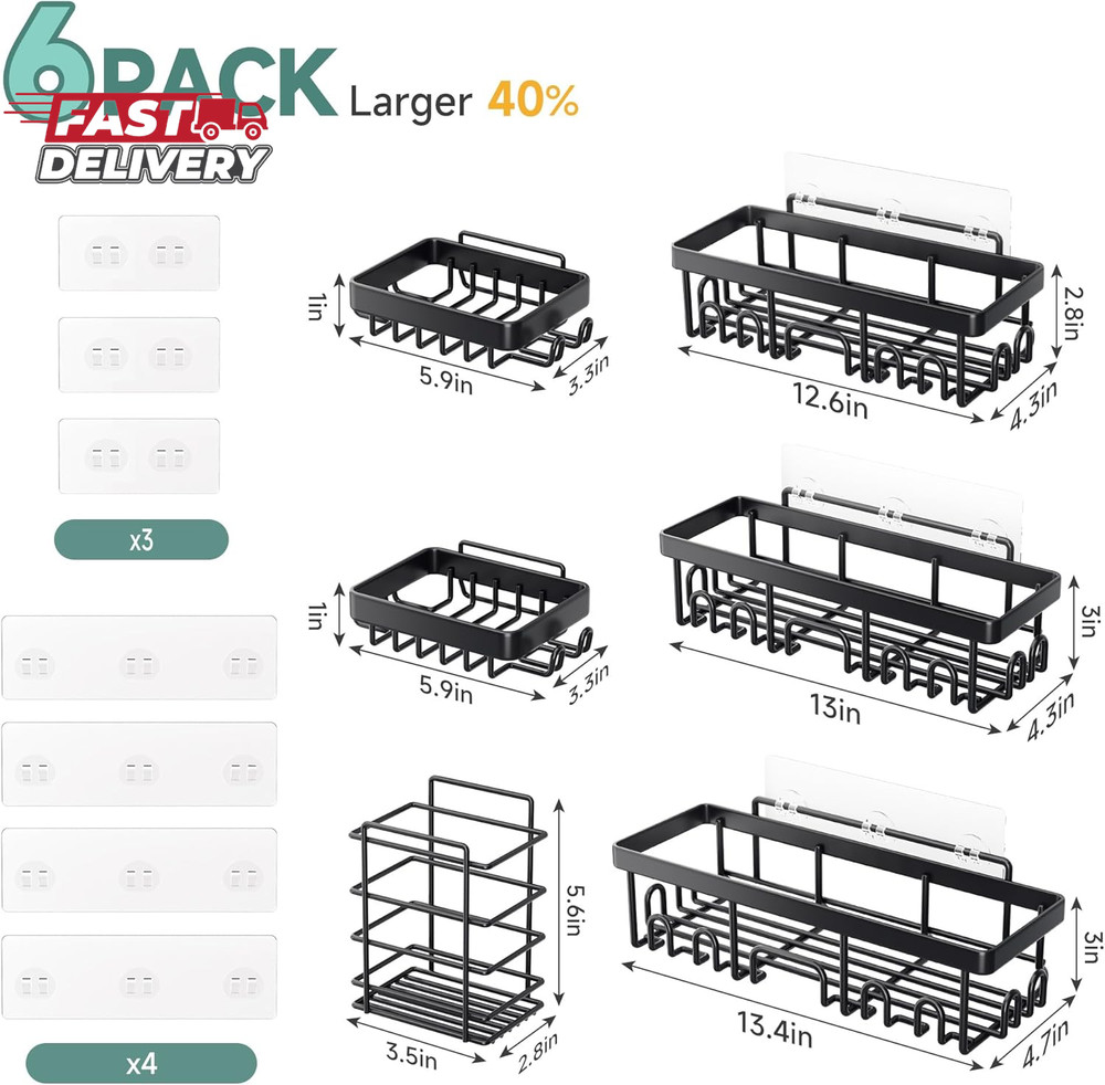 Veken Shower Caddy 6-Pack, Advanced Rustproof Design, No Drilling Adhesive Shelv