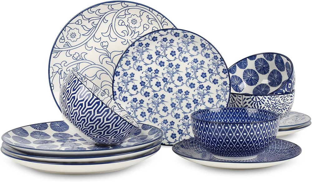Ceramic Dinnerware Sets, 12-Pieces Plates and Bowls Sets, Scratch Resistant Dish
