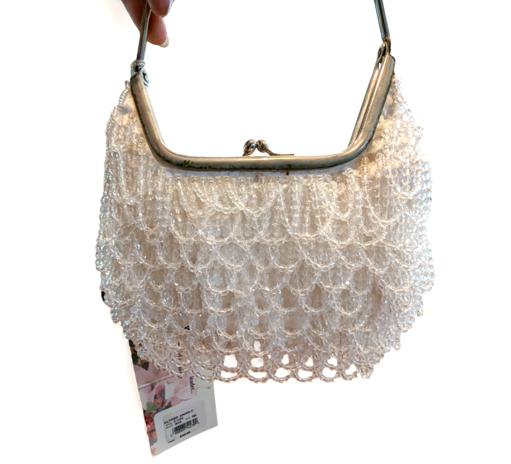 NWT ALFRED ANGELO WHITE BEADED SEQUIN EVENING BAG BRIDE SILVERTONE HANDLE LATCH
