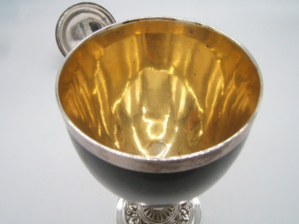 ANTIQUE COCONUT SHELL SILVER MOUNTED COVERED CUP 19TH CENTURY