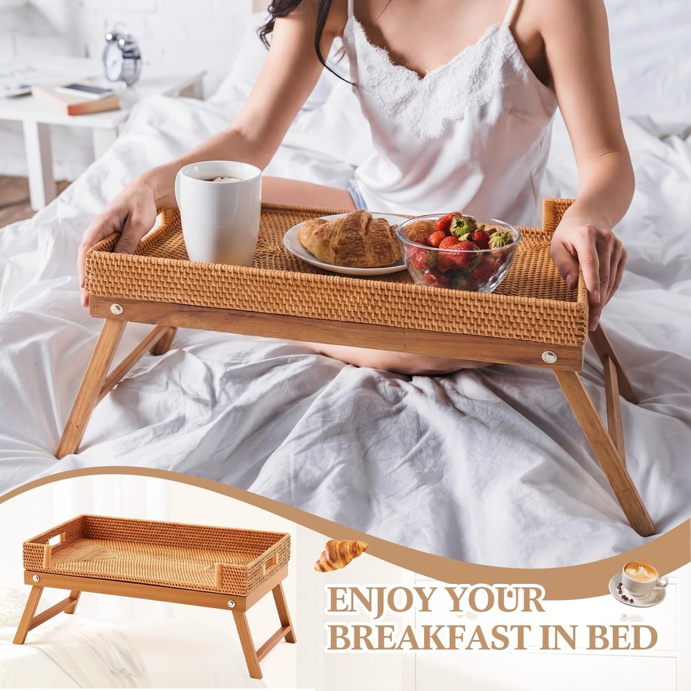 Rattan Breakfast Table Tray with Foldable Legs Rectangular Butler Snack Servi...