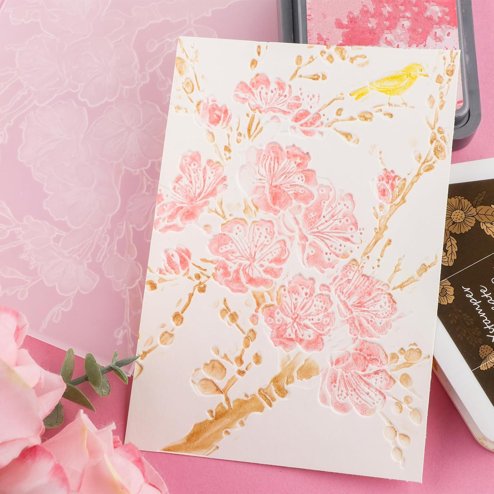 3D Embossing Folder for Card Making,Cherry Plum Blossom Clear Plastic Texture Fa