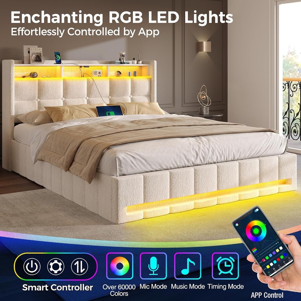 Full Bed Frame with Lift Up Storage Charging Station
